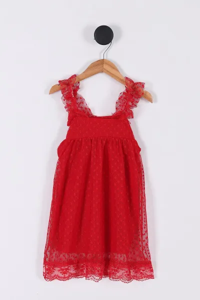 Kırmızı (3-7 Yaş) Fiyonklu Tüllü Kız Çocuk Elbise 266095