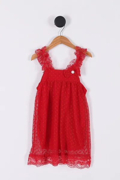 Kırmızı (3-7 Yaş) Fiyonklu Tüllü Kız Çocuk Elbise 266095