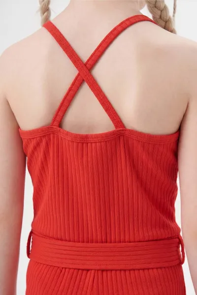 Kırmızı (3-8 Yaş) İp Askılı Kemerli Fitilli Kız Çocuk Salopet 355823