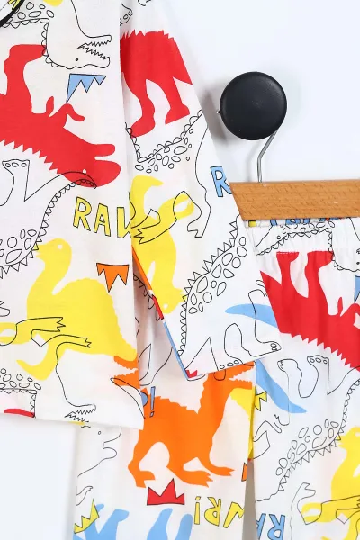 Kırmızı (3-8 Yaş)Rawr  Baskılı Ön Düğmeli Erkek Çocuk Pijama Takım 337871