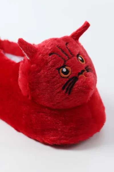 Kırmızı ( 30 - 35 ) Kedi Figürlü Peluş Kız Çocuk Panduf 490436