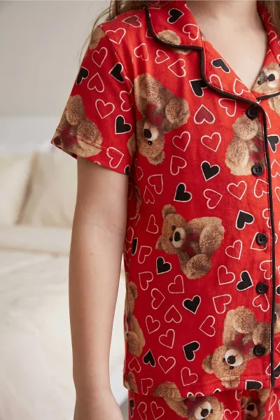 Kırmızı (4-12 Yaş) Ayıcık Desenli Kıl Biyeli Göz Bandı Detaylı Kız Çocuk Pijama Takım 460895