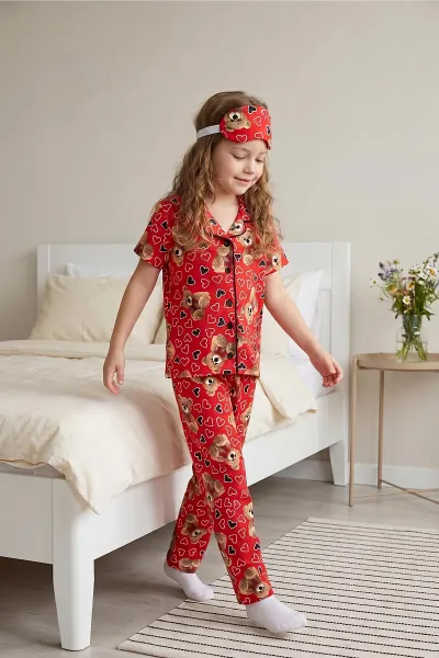 Kırmızı (4-12 Yaş) Ayıcık Desenli Kıl Biyeli Göz Bandı Detaylı Kız Çocuk Pijama Takım 460895