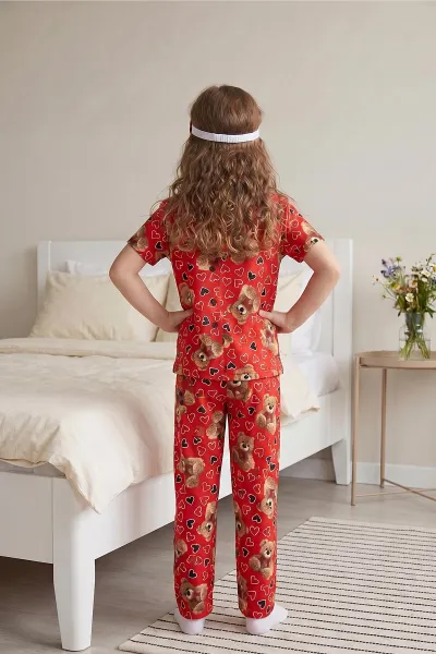Kırmızı (4-12 Yaş) Ayıcık Desenli Kıl Biyeli Göz Bandı Detaylı Kız Çocuk Pijama Takım 460895