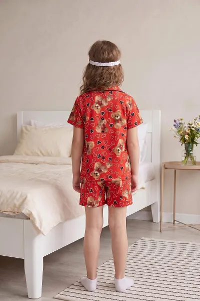 Kırmızı (4-12 Yaş) Ayıcık Desenli Kıl Biyeli Göz Bandı Detaylı Şortlu Kız Çocuk Pijama Takım 460886