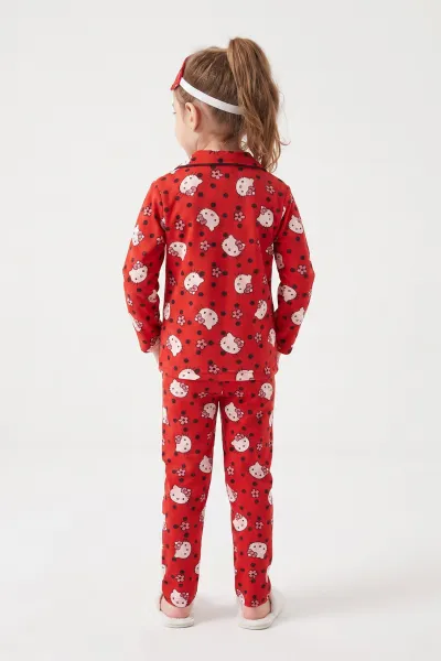 Kırmızı (4-12 Yaş)  Desenli Önden Düğmeli Göz Bandı Detaylı Kız Çocuk Pijama Takım 473462