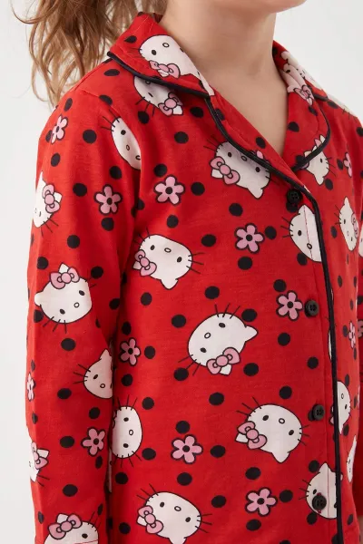 Kırmızı (4-12 Yaş)  Desenli Önden Düğmeli Göz Bandı Detaylı Kız Çocuk Pijama Takım 473462