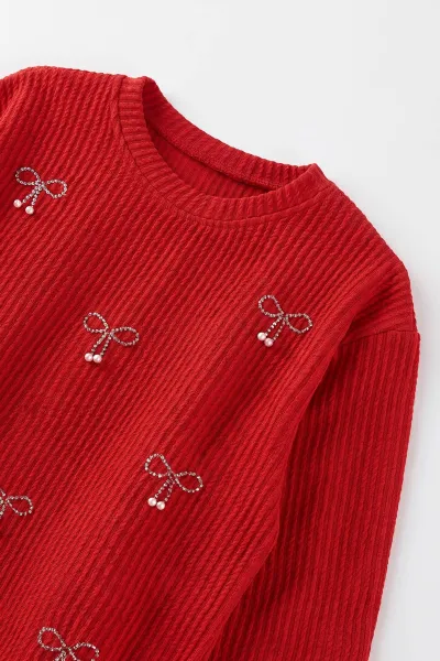 Kırmızı (4-12 Yaş) İncili Fiyonk Nakışlı   Kız Çocuk Sweat 485496