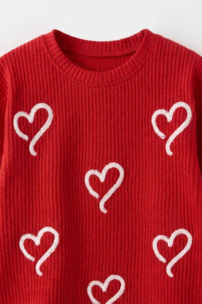 Kırmızı (4-12 Yaş) Kalp Nakışlı Kız Çocuk Sweat 485481