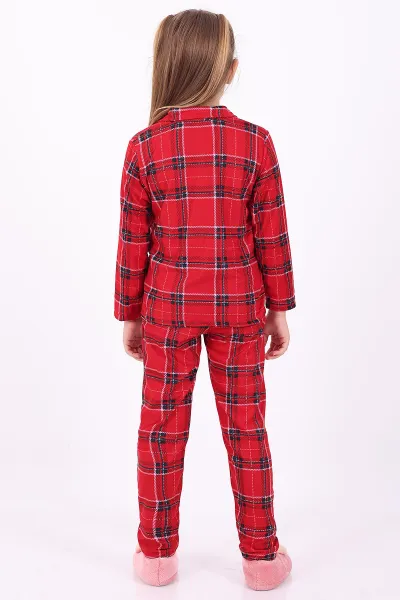 Kırmızı (4-12 Yaş)Ekose Desenli Düğmeli Kız Çocuk Pijama Takımı 329804