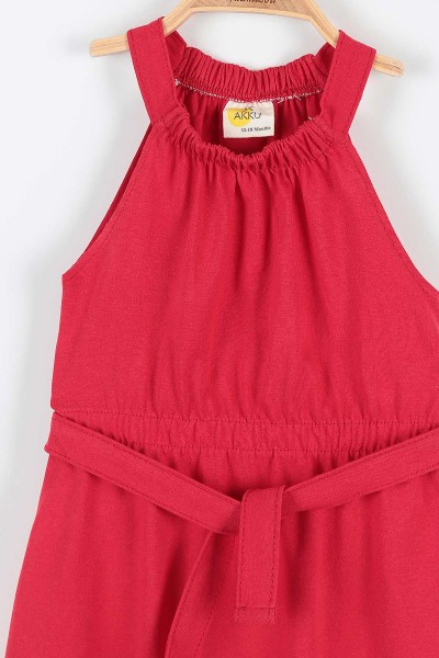 Kırmızı (4-8 Yaş) Bel Boyun Lastikli Belden Bağlamalı Kız Çocuk Elbise 169625