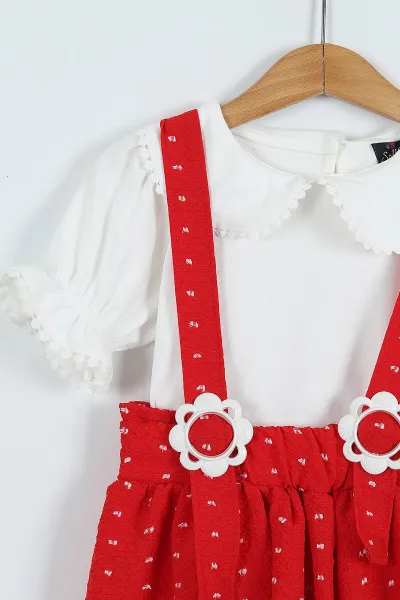 Kırmızı (4-8 Yaş) Papatya Tokalı Bebe Yaka Kız Çocuk Salopet Takım 276850