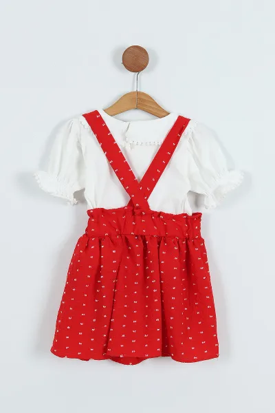 Kırmızı (4-8 Yaş) Papatya Tokalı Bebe Yaka Kız Çocuk Salopet Takım 276850