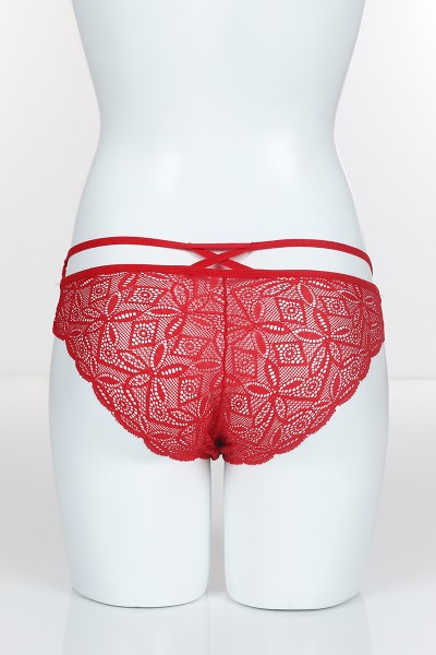 Kırmızı 4187 Bikini Ön Üst Tül Alt ve Arka Bant Üst Çapraz İpler Külot 102424
