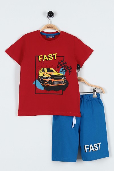 Kırmızı (5-8 Yaş) Fast Araba Baskılı Şortlu belden Bağlamalı Erkek Çocuk Takım 184746