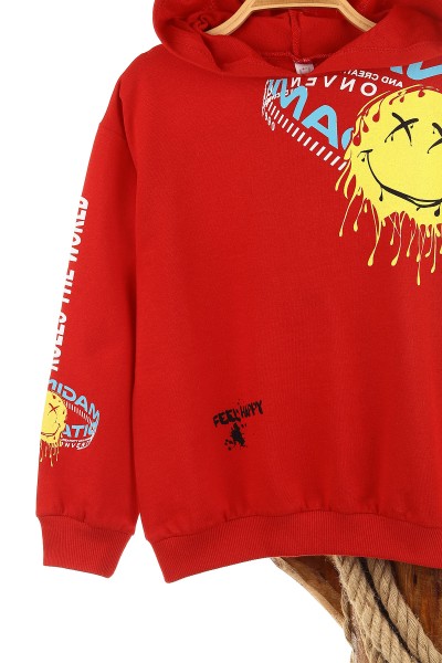 Kırmızı (5-8 Yaş) Feel Happy Baskılı Kapüşonlu  Mevsimlik Erkek Çocuk Sweat 157154