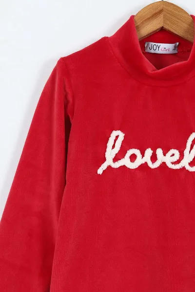 Kırmızı (5-8 Yaş) Lovely  Nakışlı Yarım Balıkçı Yaka Kadife Kız Çocuk Sweat 410598