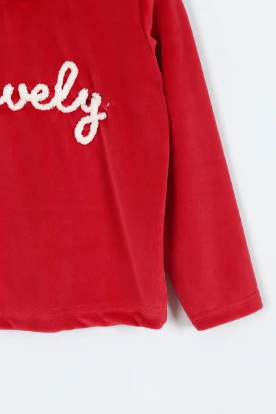Kırmızı (5-8 Yaş) Lovely  Nakışlı Yarım Balıkçı Yaka Kadife Kız Çocuk Sweat 410598