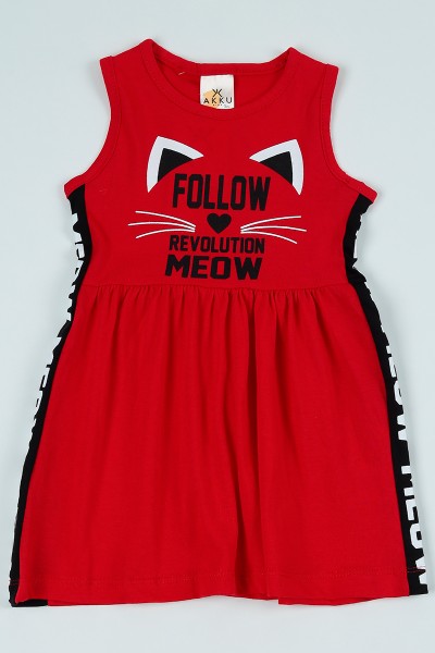 Kırmızı (5-8 Yaş) Meow Baskılı Kız Çocuk Elbise 97680