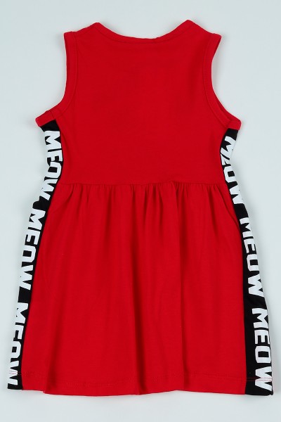 Kırmızı (5-8 Yaş) Meow Baskılı Kız Çocuk Elbise 97680