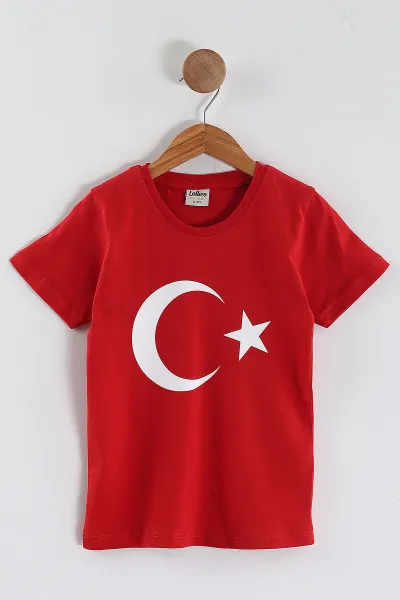 Kırmızı (5-15 Yaş) Ay Yıldız Baskılı Süprem Unisex Çocuk Tişört 442939