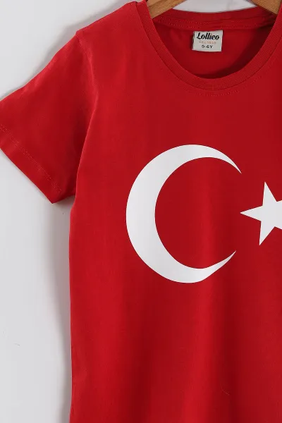 Kırmızı (5-15 Yaş) Ay Yıldız Baskılı Süprem Unisex Çocuk Tişört 442939