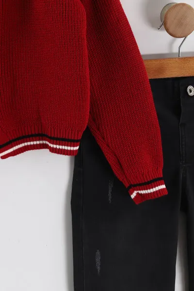 Kırmızı (5-9 Yaş) Kalpli Sweatli Triko Hırkalı   Kot Pantolonlu Kız Çocuk 3'lü Takım 443854