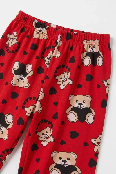 Kırmızı (6-14 Yaş) Desenli Yakadan Yarım Düğmeli  Süprem Kumaş Kız Çocuk Pijama Takımı 487217