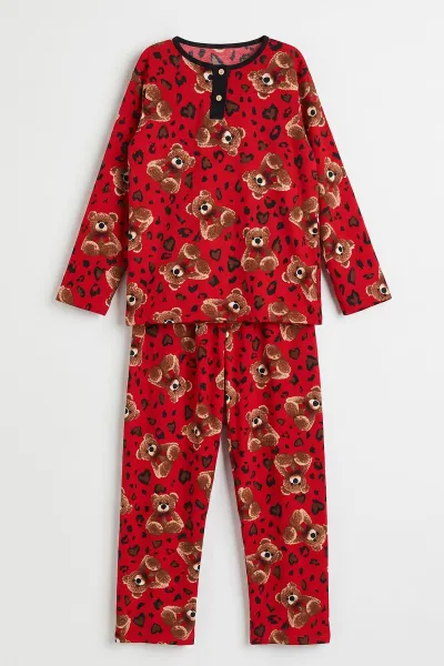 Kırmızı (6-14 Yaş) Desenli Yakadan Yarım Düğmeli  Süprem Kumaş Kız Çocuk Pijama Takımı 487222