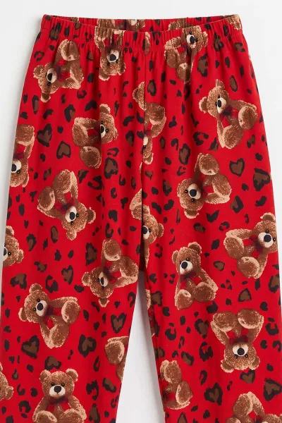 Kırmızı (6-14 Yaş) Desenli Yakadan Yarım Düğmeli  Süprem Kumaş Kız Çocuk Pijama Takımı 487222