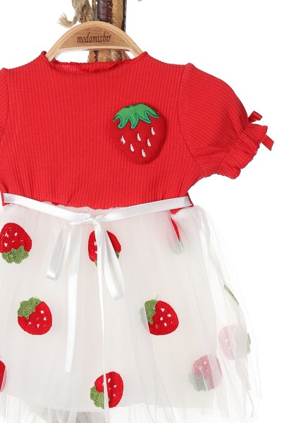Kırmızı (6-18 Ay) Çilek Nakışlı Bel Kurdeleli Kol Lastikli Kız Bebe Elbise 167905