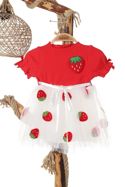 Kırmızı (6-18 Ay) Çilek Nakışlı Bel Kurdeleli Kol Lastikli Kız Bebe Elbise 167905