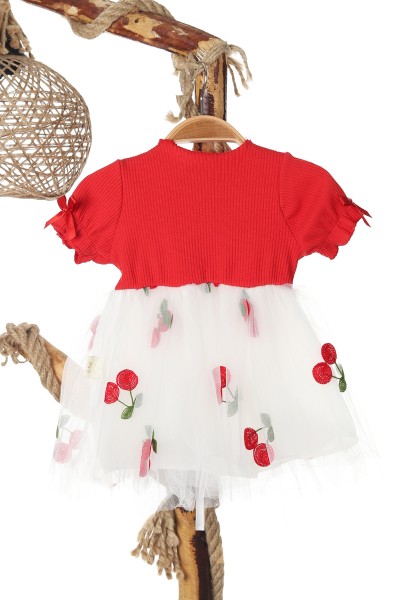 Kırmızı (6-18 Ay) Kiraz Nakışlı Bel Kurdeleli Kol Lastikli Kız Bebe Elbise 167902