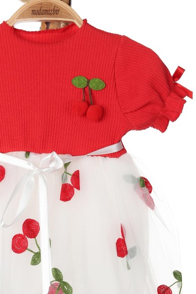 Kırmızı (6-18 Ay) Kiraz Nakışlı Bel Kurdeleli Kol Lastikli Kız Bebe Elbise 167902