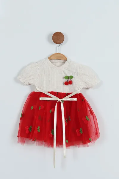 Kırmızı (6-18 Ay) Kiraz Nakışlı İç Astarlı Kız Bebek Elbise 272184