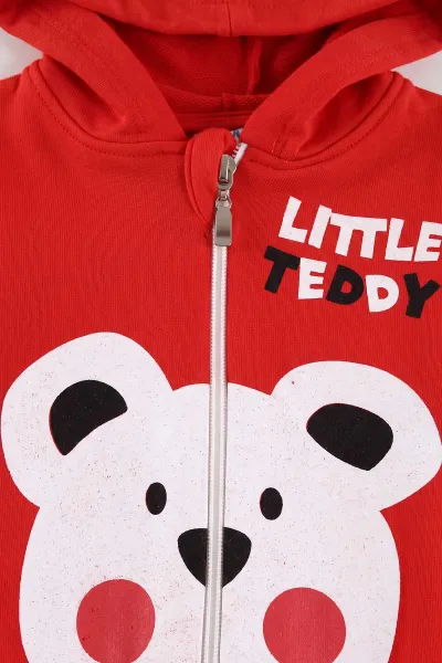 Kırmızı (6-24 Ay) Little Teddy Baskılı Kapüşonlu Fermuarlı Erkek Bebek Takım 473148