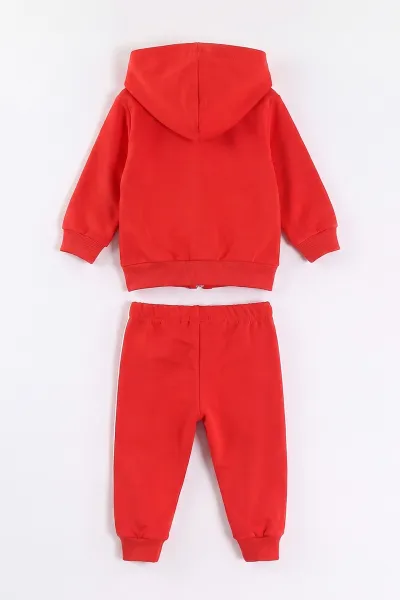 Kırmızı (6-24 Ay) Little Teddy Baskılı Kapüşonlu Fermuarlı Erkek Bebek Takım 473148