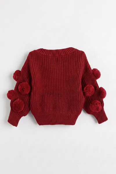 Kırmızı (6-24 Ay) Selanik Örgülü Oversize Kolları Ponponlu Kız Bebek Triko Kazak 474599