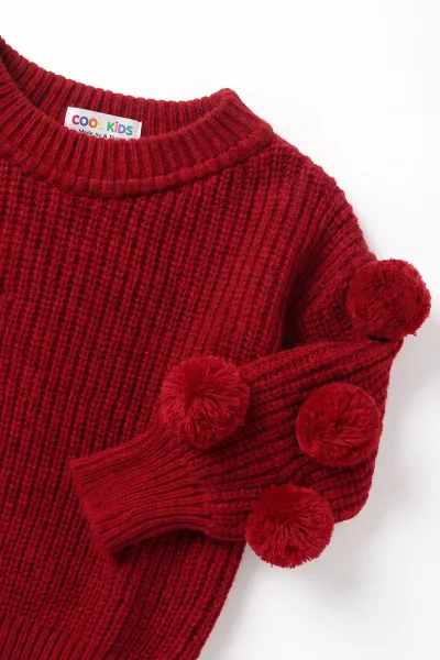 Kırmızı (6-24 Ay) Selanik Örgülü Oversize Kolları Ponponlu Kız Bebek Triko Kazak 474599