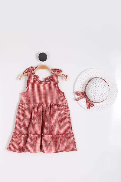 Kırmızı (6-9 Yaş)  Pötikare Desenli Şapkalı Kız Çocuk Elbise 254168