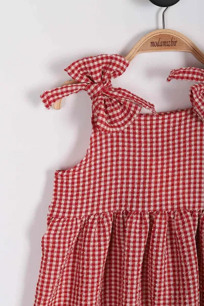 Kırmızı (6-9 Yaş)  Pötikare Desenli Şapkalı Kız Çocuk Elbise 254168
