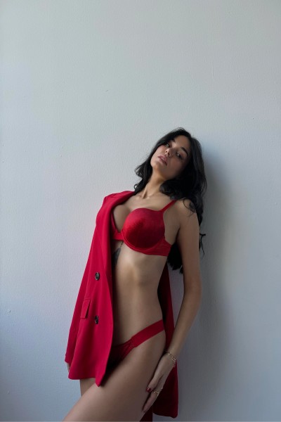 Kırmızı Kadife 645 Eros Simli Desenli Destekli Sütyen Takımı 225562
