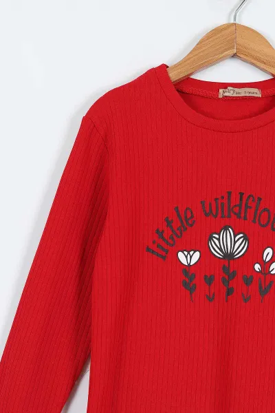 Kırmızı (7-10 Yaş) Little Wildflower Baskılı  Kazayağı Desen Kız Çocuk Şort Etekli Takım 333338