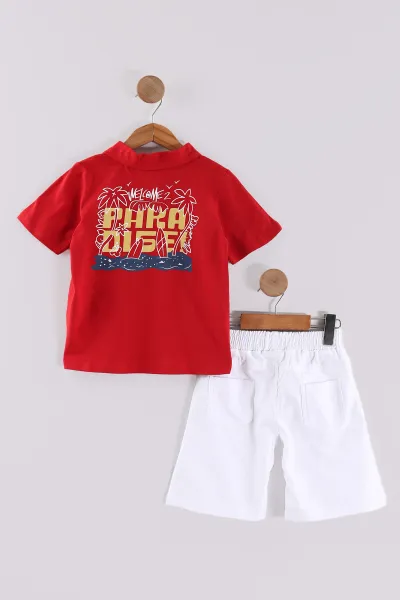 Kırmızı (7-11 Yaş) Surf Tribe Baskılı Gömlek Yaka Tişörtlü   Gabardin  Şortlu Erkek Çocuk Yazlık Takım 441758