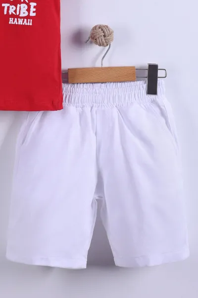 Kırmızı (7-11 Yaş) Surf Tribe Baskılı Gömlek Yaka Tişörtlü   Gabardin  Şortlu Erkek Çocuk Yazlık Takım 441758