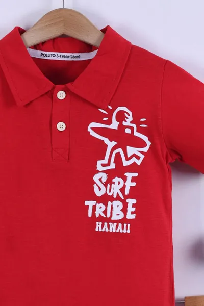 Kırmızı (7-11 Yaş) Surf Tribe Baskılı Gömlek Yaka Tişörtlü   Gabardin  Şortlu Erkek Çocuk Yazlık Takım 441758