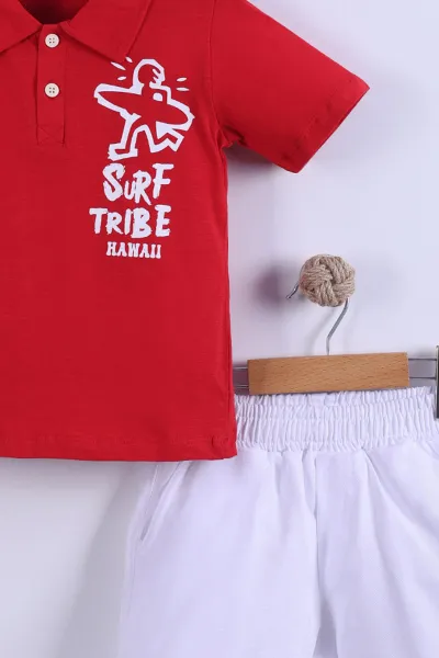 Kırmızı (7-11 Yaş) Surf Tribe Baskılı Gömlek Yaka Tişörtlü   Gabardin  Şortlu Erkek Çocuk Yazlık Takım 441758