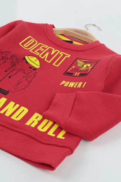 Kırmızı (8-12 Yaş) Dent Baskılı Üç İp Şardonlu Erkek Çocuk Sweat polar 135279