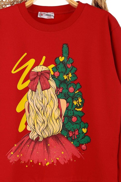 Kırmızı (9-12 Yaş) Noel Ağaç Baskılı  İki İp Şardonlu Kız Çocuk Sweat 149086