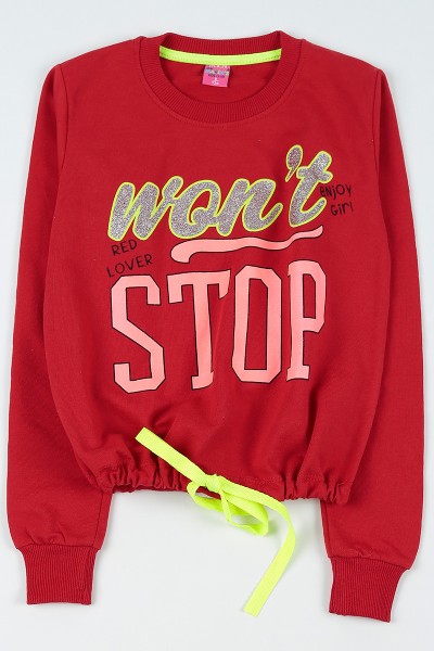 Kırmızı (9-12 Yaş) Stop Baskılı Belden Sıkmalı Kız Çocuk Sweatshirt 92907